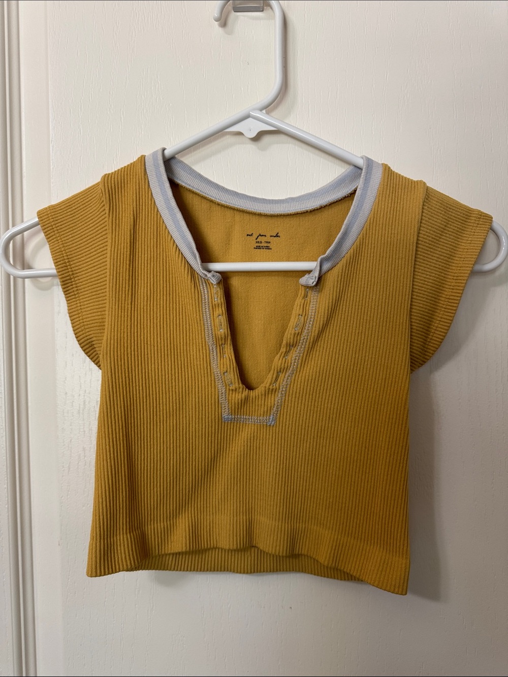 Urban Outfitters Mustard Ribbed V-Neck Crop Top with Contrast Trim